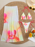 Women Printed Mesh Long Skirt Sexy Bikini Three-Piece