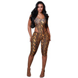 Women Sexy Python Print Bodysuit and Pants Two-Piece Set