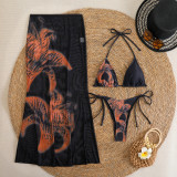 Women Printed Mesh Long Skirt Sexy Bikini Three-Piece