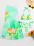 Women Printed Mesh Long Skirt Sexy Bikini Three-Piece
