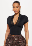 Women Lace Patchwork V-Neck Short Sleeve Top