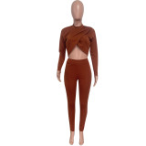 Autumn Winter Women Crop Top & Ruched Pants Two-Piece Set