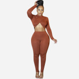 Autumn Winter Women Crop Top & Ruched Pants Two-Piece Set