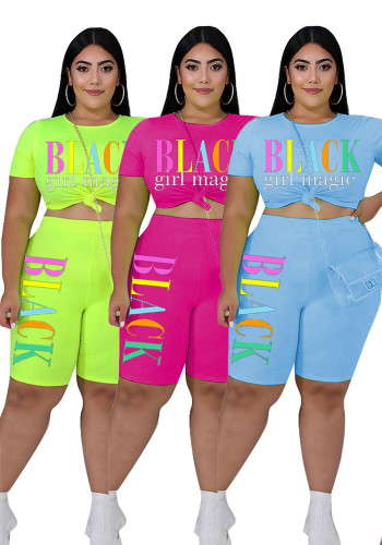 Women Summer Casual Letter Print Plus Size Two-Piece Shorts Set