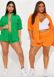 Women Spring Summer Jacquard Turndown Collar Shirt & Shorts Casual Two-Piece Set