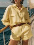 Women Spring Summer Linen Button Shirt & Shorts Casual Set