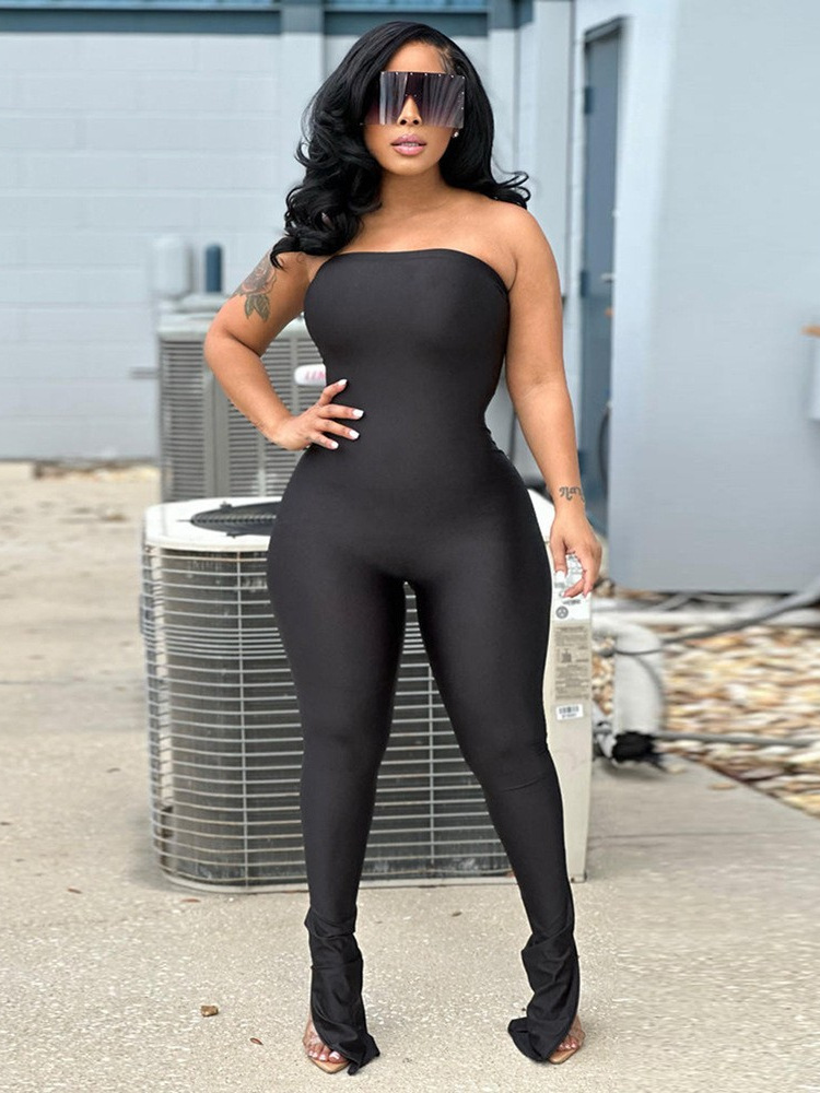 Off-Shoulder Slit Bandeau Jumpsuit for Spring Evening Wear