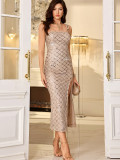 Women Sexy Low Back Strap Sequin Evening Dress