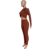 Autumn Winter Women Crop Top & Ruched Pants Two-Piece Set