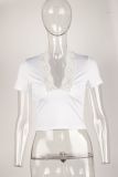 Women Lace Patchwork V-Neck Short Sleeve Top