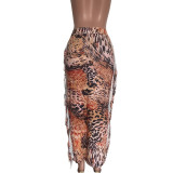 Women Leopard Print Tassel Long Skirt