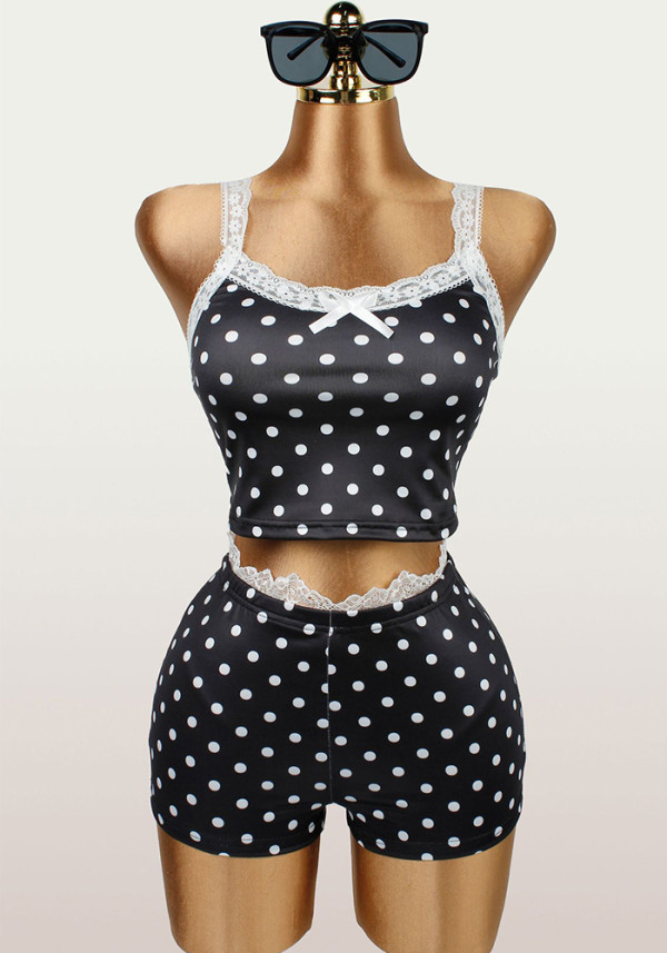 Women Lace Patchwork Polka Dot Camisole & Shorts Set