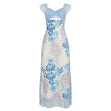 Women French Sexy Lace Patchwork Print Holidays Irregular Slit Hollow-Out Strap Dress