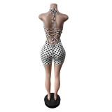 Women Summer Halter Neck Low Back Polka Dot Lace-Up Jumpsuit