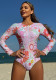 Women Floral Long Sleeve Zipper One-Piece Swimsuit