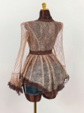 Women Lace Patchwork See-Through Bell Sleeve Top