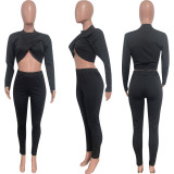 Autumn Winter Women Crop Top & Ruched Pants Two-Piece Set