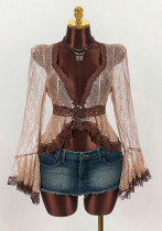 Women Lace Patchwork See-Through Bell Sleeve Top Women Lace Patchwork See-Through Bell Sleeve Top