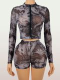 Women Fashion Mesh See-Through Zipper Long Sleeve Top & Shorts Set