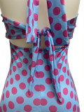 Women Fashion Polka Dot Lace-Up Halter Neck Low Back Jumpsuit