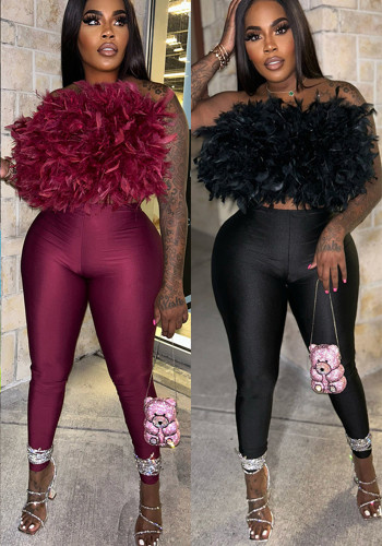 Spring Summer Feather Strapless Low Back Top Elastic Pants Two-Piece Set