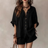 Women Spring Summer Solid Color Button Shirt & Shorts Casual Set