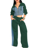 Women Spring Casual Denim Patchwork Zipper Long Sleeve Wide Leg Two-Piece Pants Set