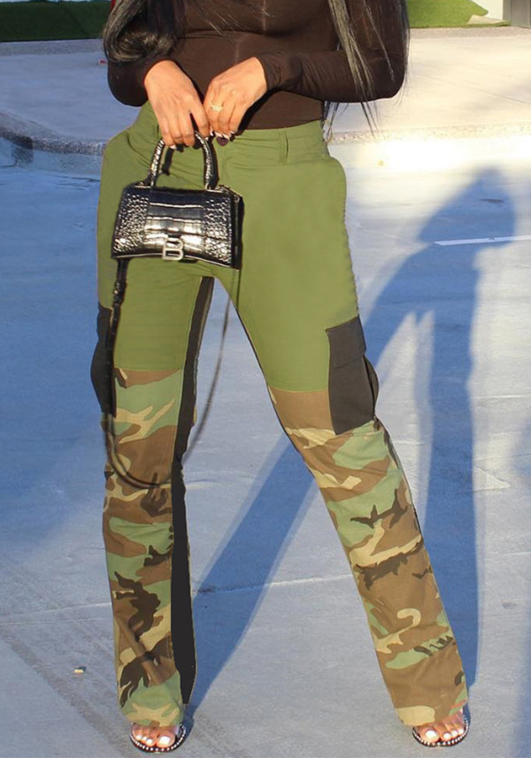 Women Spring Casual Color Block Patchwork Camouflage Pants