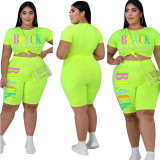 Women Summer Casual Letter Print Plus Size Two-Piece Shorts Set
