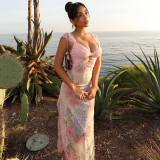 Women French Sexy Lace Patchwork Print Holidays Irregular Slit Hollow-Out Strap Dress