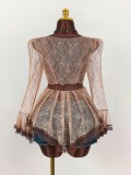 Women Lace Patchwork See-Through Bell Sleeve Top