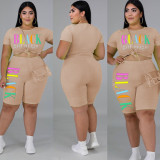 Women Summer Casual Letter Print Plus Size Two-Piece Shorts Set