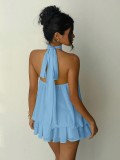 Women Holiday Slim Waist Halter Neck Low Back Dress