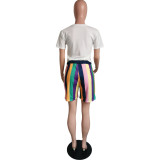 Women Casual Loose Rainbow Stripe T-Shirt & Shorts Set