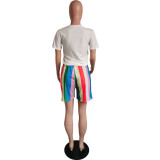 Women Casual Loose Rainbow Stripe T-Shirt & Shorts Set