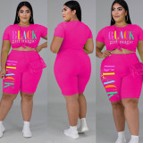 Women Summer Casual Letter Print Plus Size Two-Piece Shorts Set