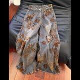 Women Jacquard Color Block Denim Pants
