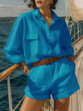 Women Spring Summer Linen Button Shirt & Shorts Casual Set