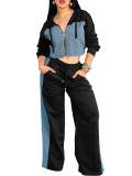 Women Spring Casual Denim Patchwork Zipper Long Sleeve Wide Leg Two-Piece Pants Set