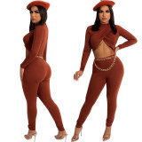 Autumn Winter Women Crop Top & Ruched Pants Two-Piece Set