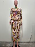 Women Long-Sleeved Ink Painting Mesh Beaded Sexy Dress