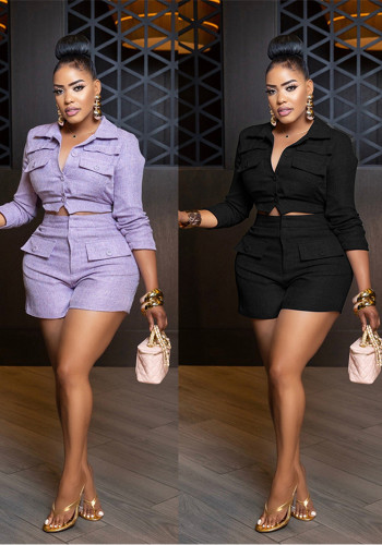 Women Casual Turndown Collar Button Pocket Shirt & Shorts Two-Piece Set