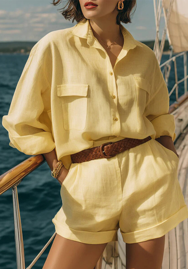 Women Spring Summer Linen Button Shirt & Shorts Casual Set