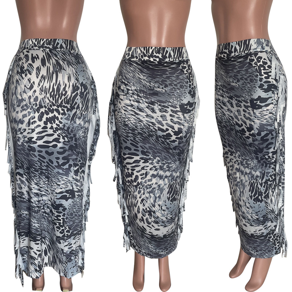 Leopard Print Tassel Long Skirt for Evening Outings