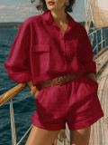 Women Spring Summer Linen Button Shirt & Shorts Casual Set