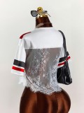 Women Casual V-Neck Lace Patchwork See-Through T-Shirt