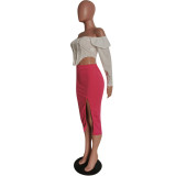Women Career Off Shoulder Top & Slit Skirt Slim Fit Two-Piece Set
