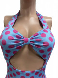 Women Fashion Polka Dot Lace-Up Halter Neck Low Back Jumpsuit