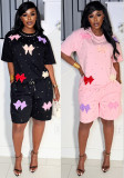 Women Bow Patchwork Round Neck Short Sleeve T-Shirt & Rhinestone Shorts Two-Piece Set