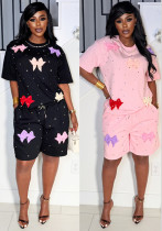 Women Bow Patchwork Round Neck Short Sleeve T-Shirt & Rhinestone Shorts Two-Piece Set Women Bow Patchwork Round Neck Short Sleeve T-Shirt & Rhinestone Shorts Two-Piece Set